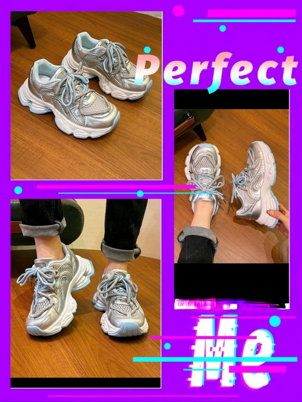 ***METALLIC SNEAKERS/SILVER COLOR WITH BLUE** 🤍🩶🩵👟💲💲💲💲 - Picture 2 of 8